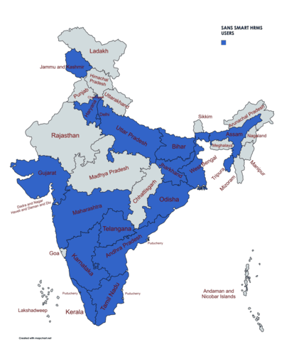 Our SANS SMART HRMS Customers Over India. States are Kerala, Karnataka, Delhi, Maharashtra, Assam, Bihar, Jharkand, West Bengal, Tripura, Odisha, Uttar Pradesh based on real Branch Locations using SANS SMART HRMS